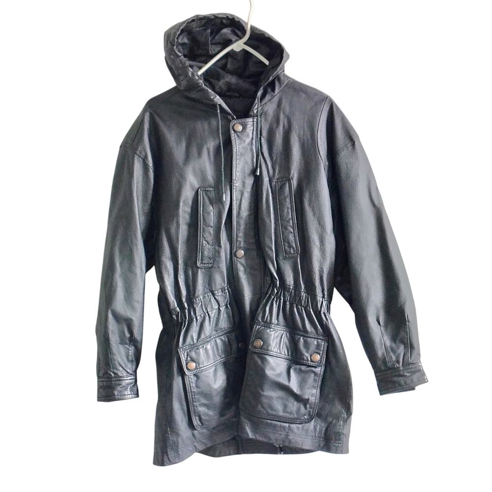 Vintage DANY Women Medium Black Leather Hooded Coat Jacket Y2k Grunge Goth Punk